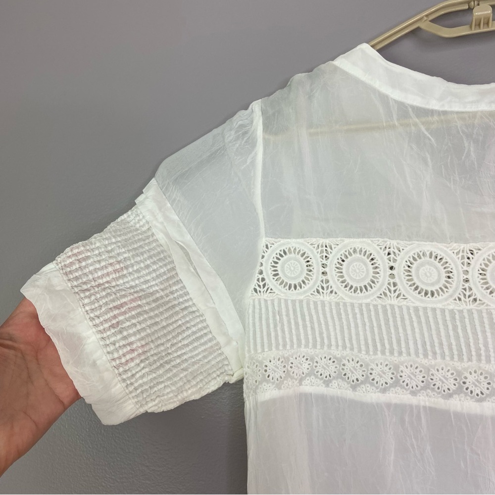 Johnny Was White Blouse Semi-Sheer Crochet Lace Short Sleeves Buttons Size Large - Picture 13 of 14